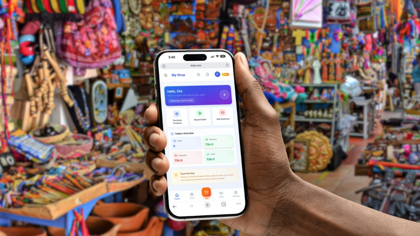 DukaNow app on phone in African market
